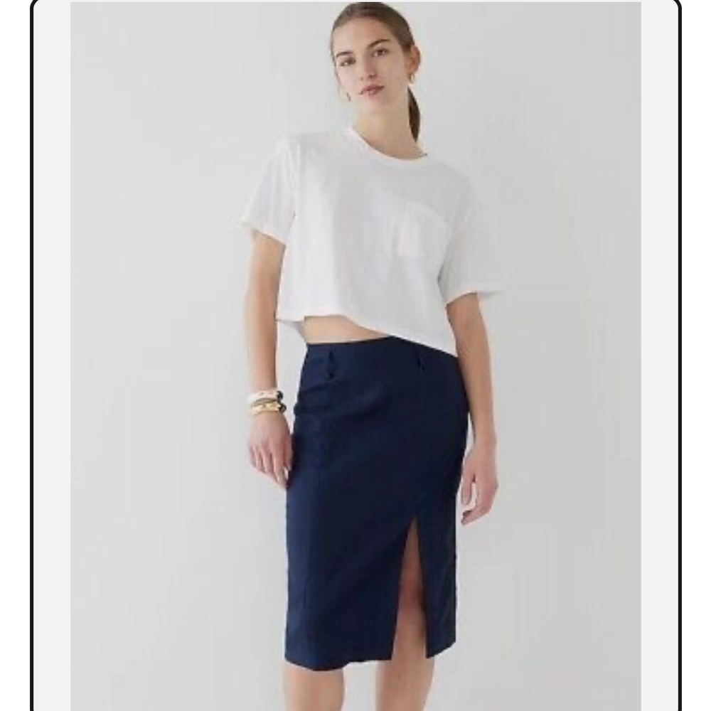 NWT J Crew Stretch linen-blend midi pencil skirt, navy blue